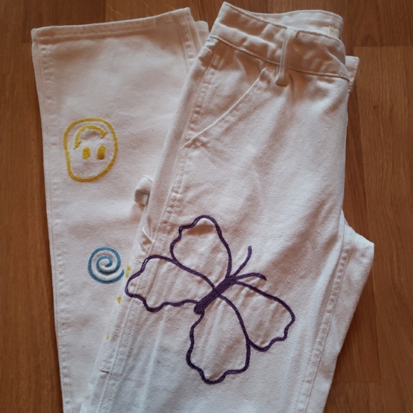 PacSun Women's 22 XXS Low Rise Carpenter Embroidered Jeans White Mushroom Flower - Picture 2 of 10